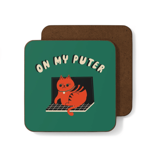 Betiobca funny cat coaster featuring a cat sitting on a computer with the phrase On my puter