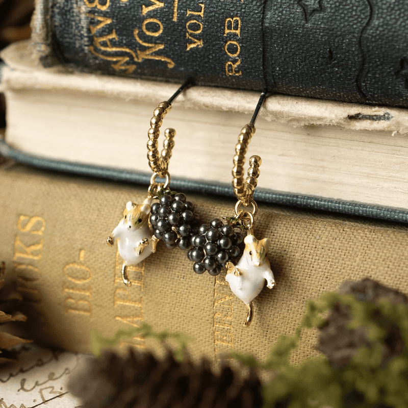 Bill Skinner Blackberry & Mouse Beaded Hoop Earrings with mouse and blackberry charms