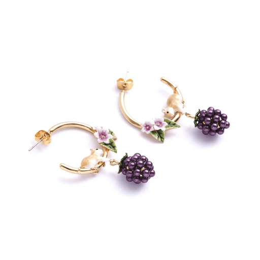 Bill Skinner Blackberry & Mouse Hoop Earrings with pearlised blackberry charms