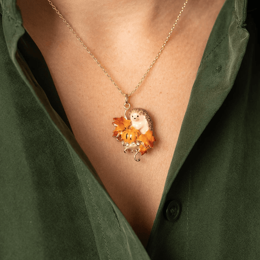Bill Skinner Hedgehog & Pumpkin Pendant Necklace worn