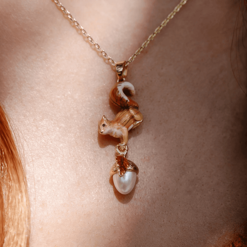 Bill Skinner Squirrel & Acorn Pendant Necklace close-up