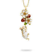 Close-up of Bill Skinner strawberry pendant featuring a white enamel mouse hanging beneath red strawberries and white blossoms
