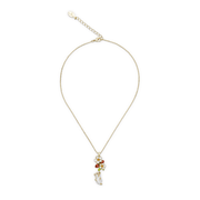Bill Skinner Strawberry and Hanging Mouse Pendant Necklace with gold-plated chain, red enamel strawberries, white flowers and dangling mouse