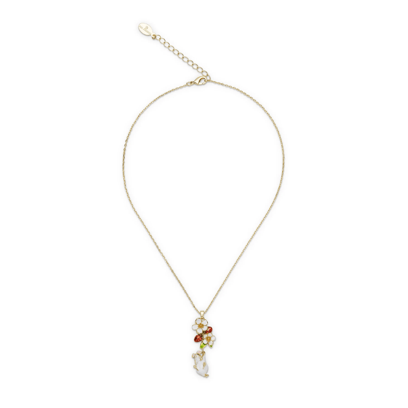 Bill Skinner Strawberry and Hanging Mouse Pendant Necklace with gold-plated chain, red enamel strawberries, white flowers and dangling mouse