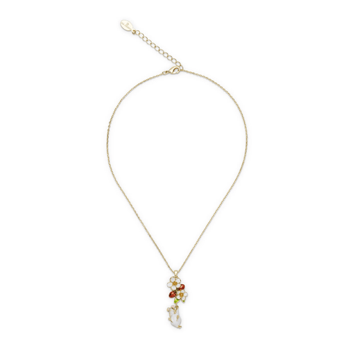 Bill Skinner Strawberry and Hanging Mouse Pendant Necklace with gold-plated chain, red enamel strawberries, white flowers and dangling mouse