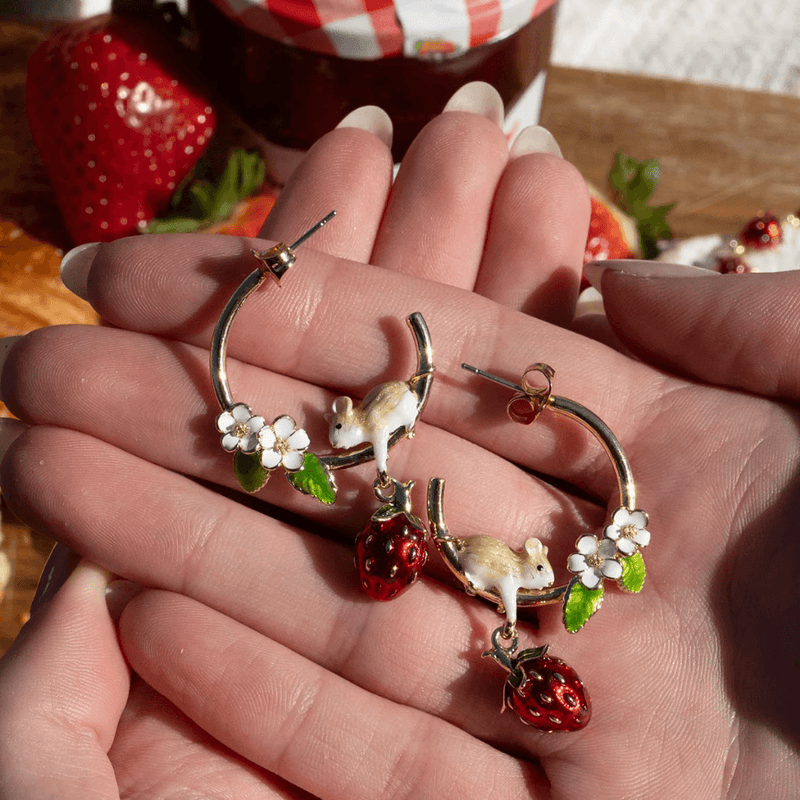 Bill Skinner Strawberry & Mouse Hoop Earrings with red strawberry charms