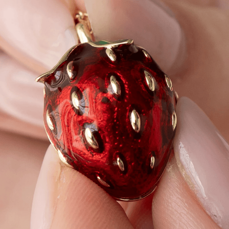 Red enamel strawberry detail on Bill Skinner locket necklace