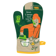 Front of Blue Q Bitch I Always Have Time For You oven mitt with retro baking illustration