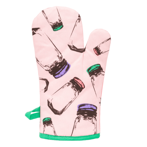 Back view of pink oven mitt with jar print and green trim.
