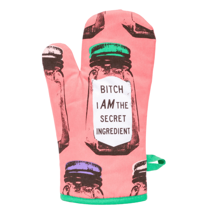 Front view of rude oven mitt reading Bitch I am the secret ingredient with jar graphic.