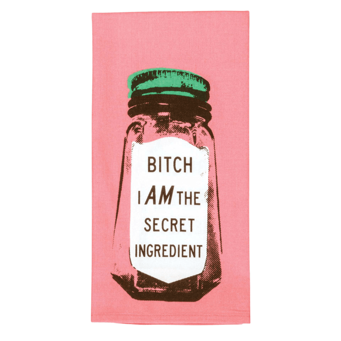 Folded Bitch I Am The Secret Ingredient tea towel, pink pop-art salt shaker design.