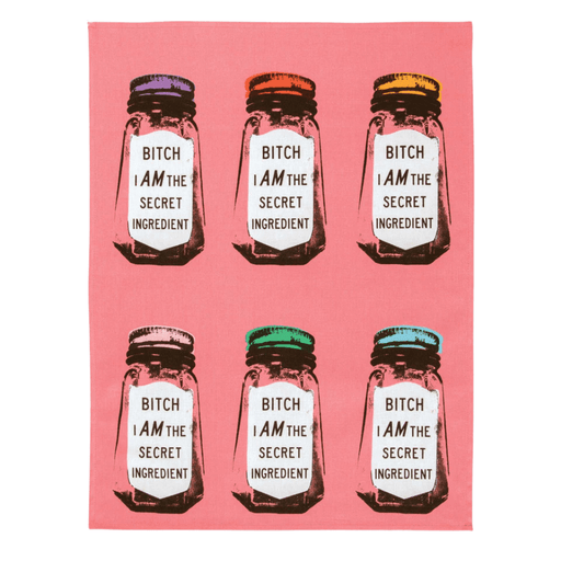 Full Bitch I Am The Secret Ingredient tea towel, six colourful shaker prints on pink cotton.