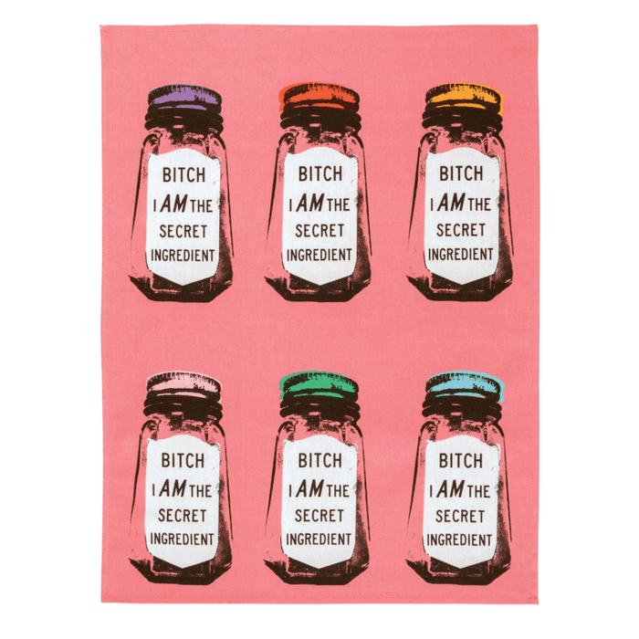 Full Bitch I Am The Secret Ingredient tea towel, six colourful shaker prints on pink cotton.