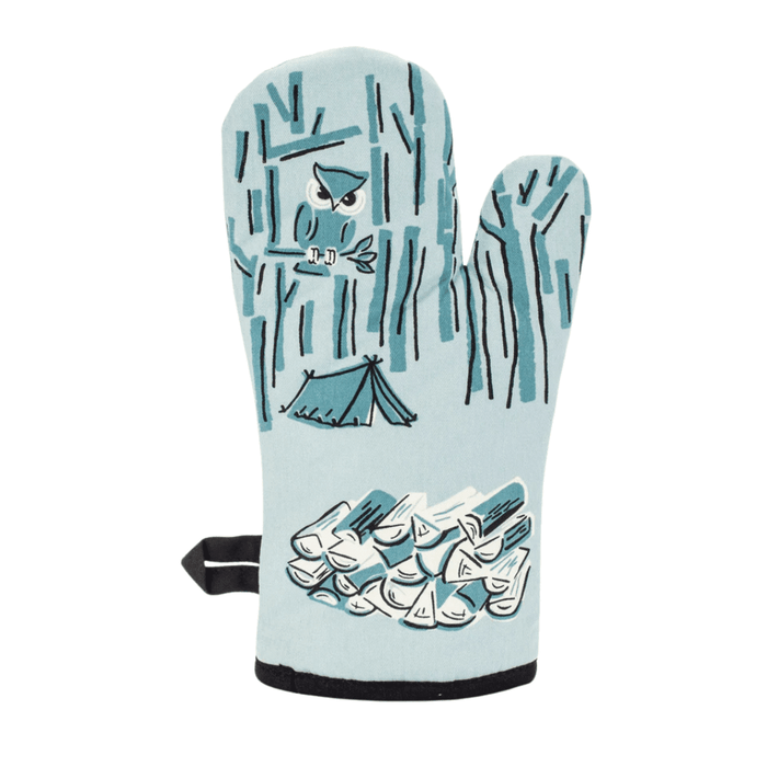 Back view of oven mitt featuring camping scene with trees, tent and owl design.