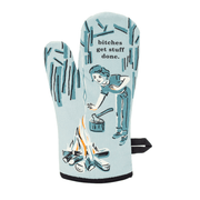 Front of Blue Q Bitches Get Stuff Done oven mitt with campfire illustration
