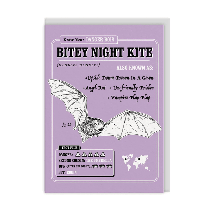 Funny Bitey Night Kite greeting card featuring black-and-white bat illustration on lilac background, parody danger facts
