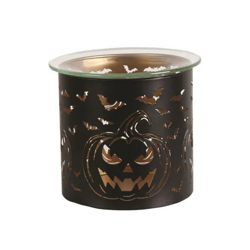Halloween-themed wax burner with black metal pumpkin and bat details

