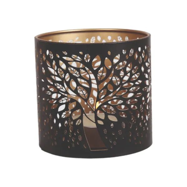 Black metal tealight burner with intricate tree design

