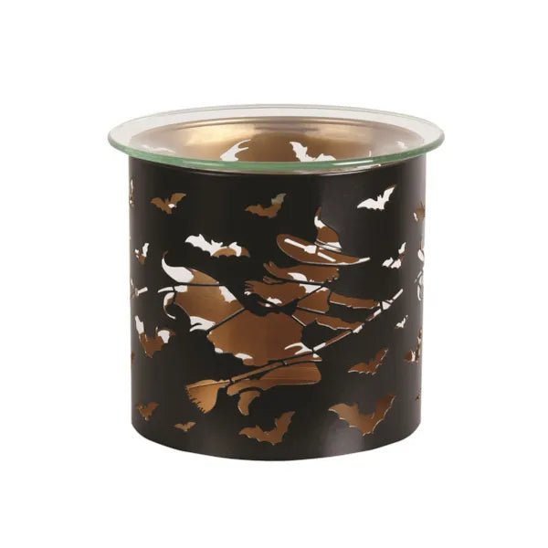 Black metal wax burner with witch and bat cut-out design

