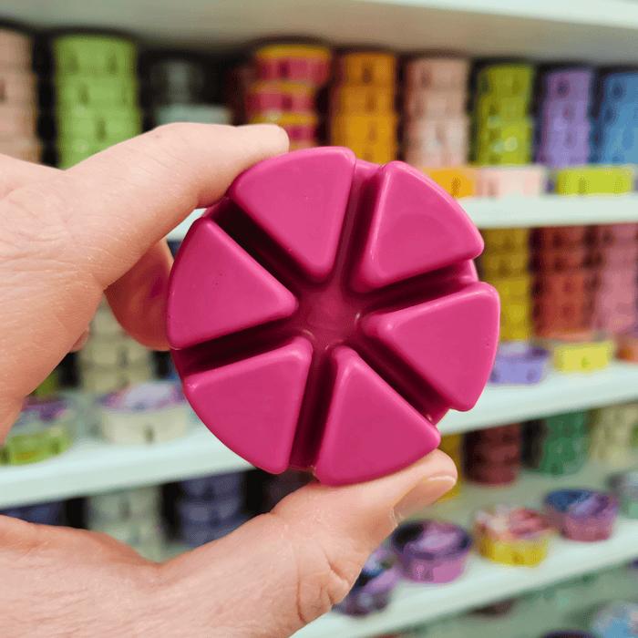 Black Plum and Rhubarb segmented wax melt held between fingers, close-up lifestyle image showing six wax melt sections