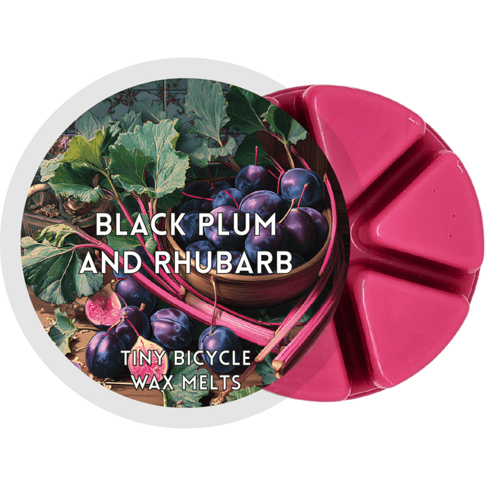 Black Plum and Rhubarb wax melt main product image showing label and pink segmented wax melt on a plain background