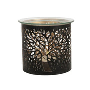 Black wax melt burner with cut-out tree of life design and glass dish

