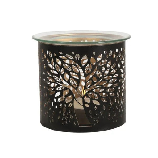 Black wax melt burner with cut-out tree of life design and glass dish

