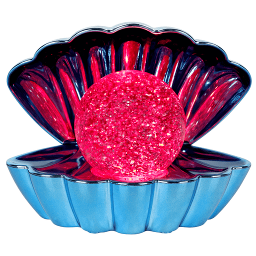 Metallic blue colour changing LED clam lamp with glowing red glitter pearl night light.