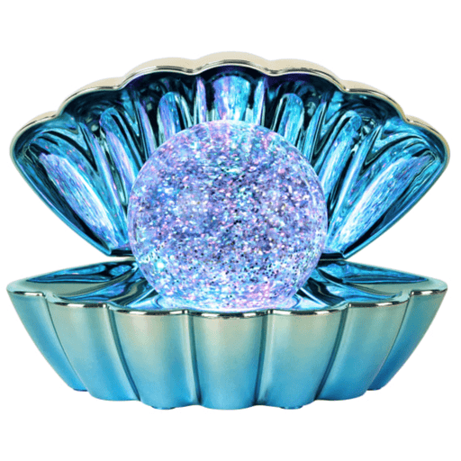 Blue mint yellow metallic colour changing LED clam lamp with glowing glitter pearl night light.