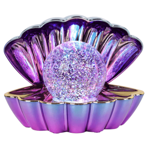Blue and purple metallic colour changing LED clam lamp with glowing glitter pearl night light.