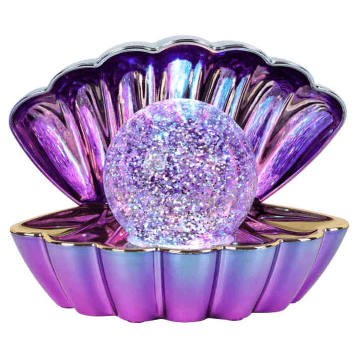Blue and purple metallic colour changing LED clam lamp with glowing glitter pearl night light.