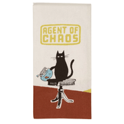 Front of Blue Q Agent Of Chaos tea towel with black cat and fishbowl artwork