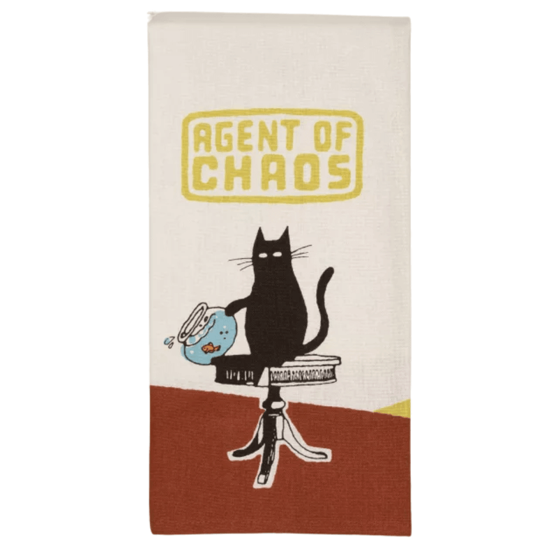 Front of Blue Q Agent Of Chaos tea towel with black cat and fishbowl artwork