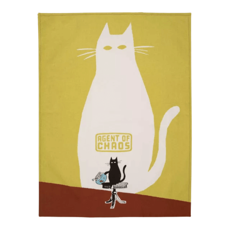 Full Blue Q Agent Of Chaos tea towel design with black cat chaos scene