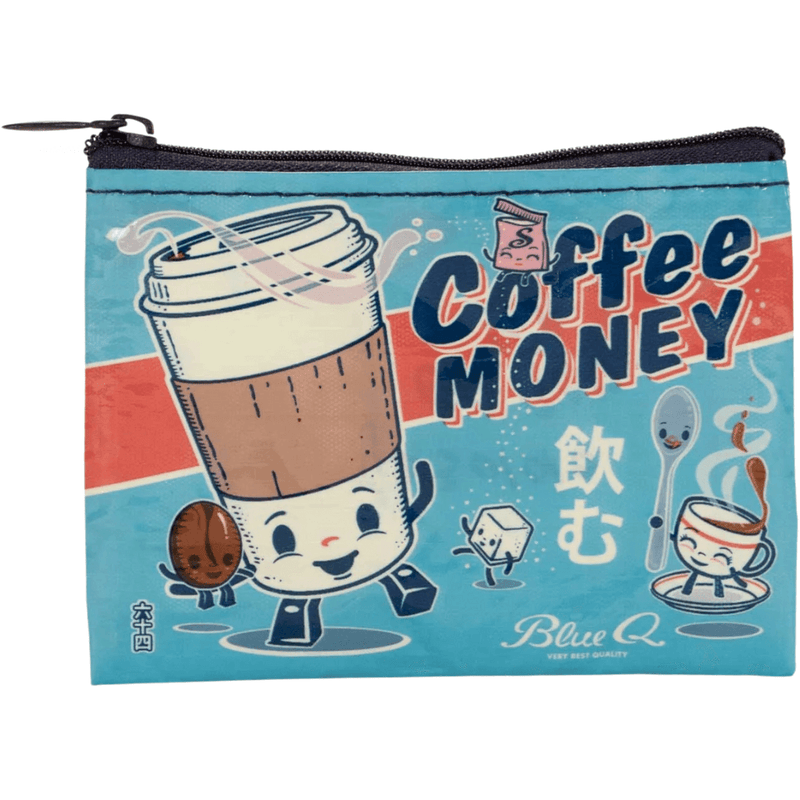 Blue Q Coffee Money coin purse with cartoon coffee cup and retro cafe design

