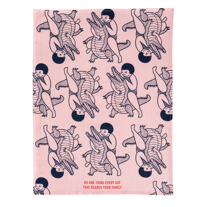 Full Blue Q Do One Thing That Scares Your Family tea towel design with bold pink artwork