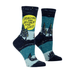 Blue Q womens crew socks in teal and navy with moon, forest and Dragons and Wizards and Shit text; angled pair.