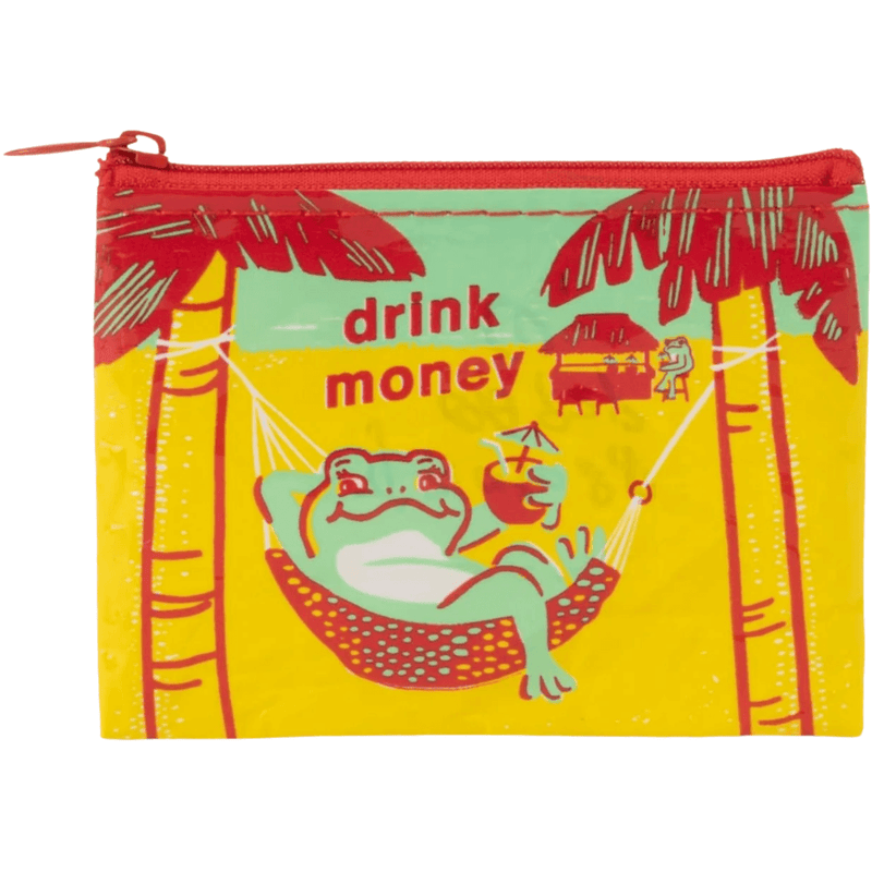 Blue Q Drink Money coin purse with lounging frog and tropical palm tree design


