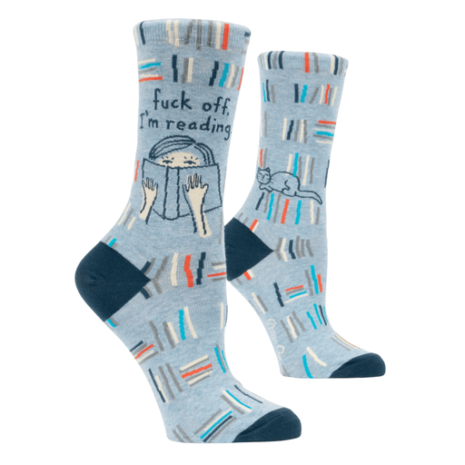 Blue Q crew socks in light blue with books pattern and text F*** Off I’m Reading, angled view