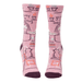 Front view of Blue Q women’s crew socks in pink with plum cuffs and toes, desk-and-cat illustration and the slogan go away I’m introverting