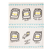 Full Blue Q Hot Buns Are Ready tea towel design with oven and bun illustrations
