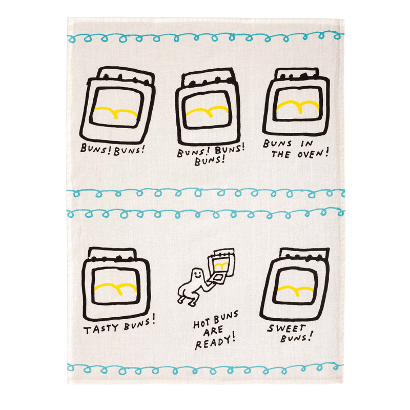 Full Blue Q Hot Buns Are Ready tea towel design with oven and bun illustrations