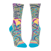 Front view of Blue Q women’s crew socks in grey with teal toe and heel, bold floral vines and the slogan I love my asshole kids