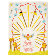 Blue Q tea towel laid flat with pizza angel artwork and text I want a f***ing pizza