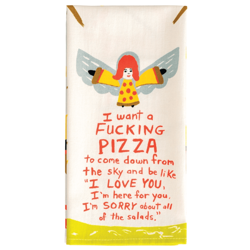 Folded Blue Q pizza tea towel showing the red lettering and angel slice design