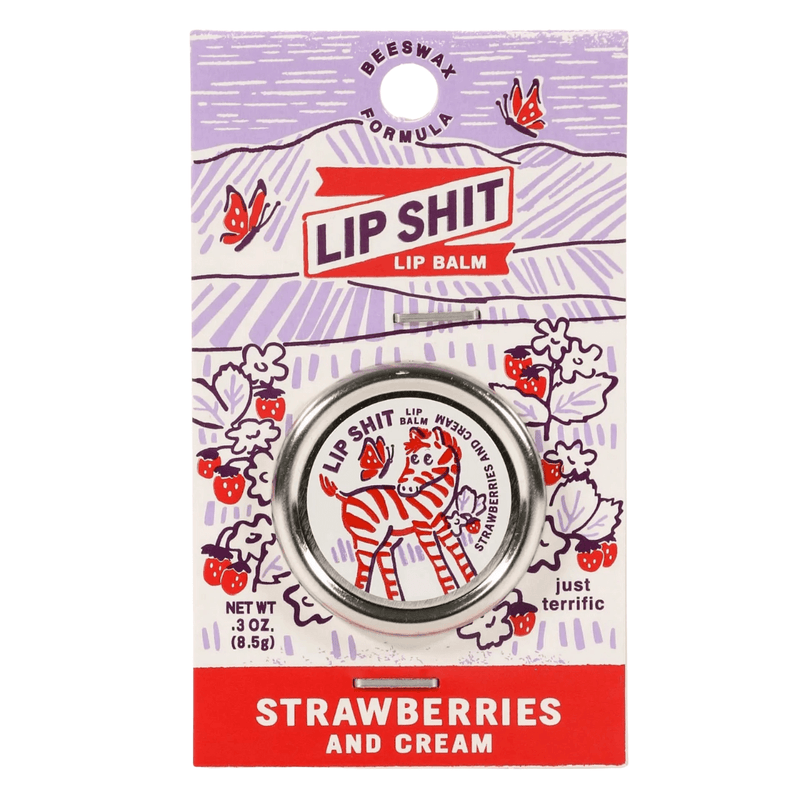 Front view of Blue Q Lip Shit Lip Balm – Strawberries and Cream 