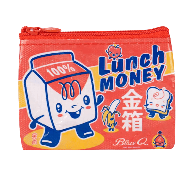 Blue Q Lunch Money coin purse with cartoon milk, banana, and bread characters

