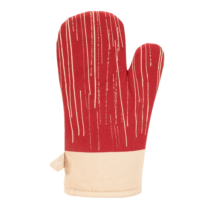 Reverse of the Blue Q Made From Scratch oven mitt showing scratch-line pattern and cuff