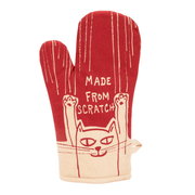 Blue Q Made From Scratch oven mitt with cat illustration and scratch lines on red front