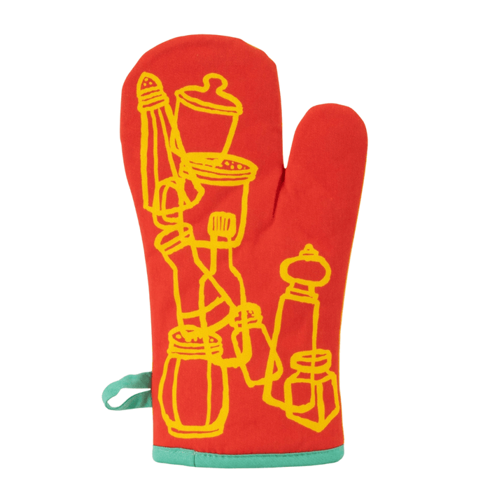 Reverse of Mr. Spice Guy Oven Mitt with red background and yellow illustrated spice jars